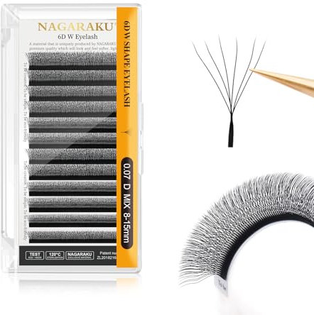 NAGARAKU 6D Lashes, W Shape Eyelash Extensions 0.07mm D Curl 8-15mm Mix Volume Lashes Hand Woven Long Stem Matte Black Premade Fans 6 Tips False Eyelash