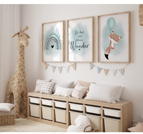 MeinBaby123® Bilder Kinderzimmer | 3er Set DIN A2 Poster Set | Kinderzimmer Poster | Deko Bilder Kinderzimmer Mädchen und Jungen | Babyzimmer Deko (Fuchs & Luftballon mint A2)