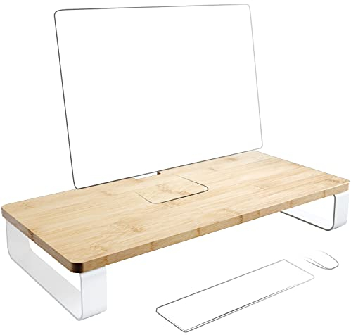 KD Essentials – heavy duty monitor stand made from bamboo with white metal (XL desktop organizer, PC/laptop/screen riser, improved ergonomic comfort, easy assembly – 23.6×11×3.86in)