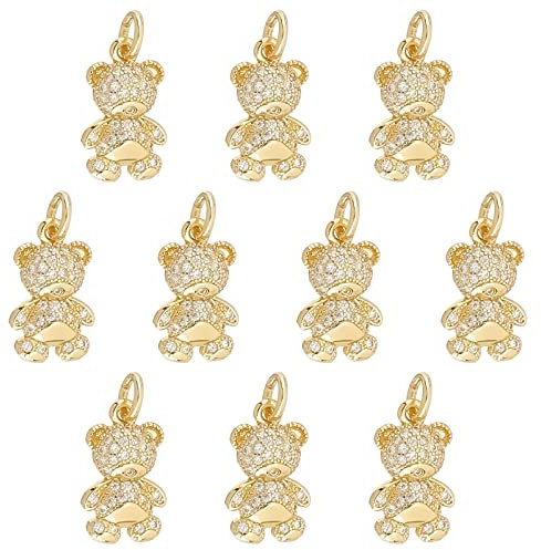 SUNNYCLUE 1 Box 10Pcs 18K Gold Plated Bear Charms Gummy Bears Charm Micro Pave Cubic Zirconia Hanging Loop Animal Charms for jewellery Making Charm Necklace Earrings Bracelet DIY Wedding Gift Craft