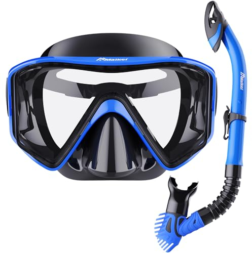 Malker Schnorchelset Erwachsene Taucherbrille Anti-Leck Tauchmaske Anti-Fog Panorama Weitblick Trocken Schnorchelset für Schnorcheln Schwimmen und Tauchen Blau