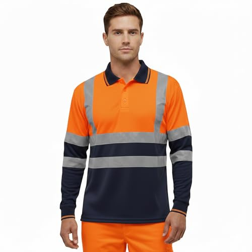 DURUS WORKWEAR High Visibility Long Sleeve Reflective T-Shirt Plain & Two-Tone Polo Work Top Orange/Navy