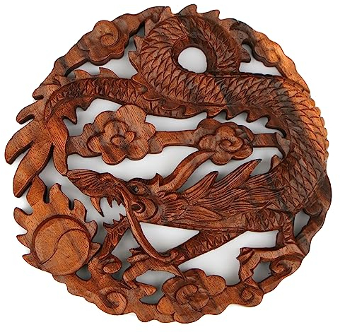 Wogeka - Super schönes 20 cm Drache-Wolken-Relief - Handarbeit aus Holz geschnitzt als besondere Geschenk-Idee für Asia Fans zu Geburtstag, Weihnachten zur Wand-Deko Dragon Feng Shui Rel43