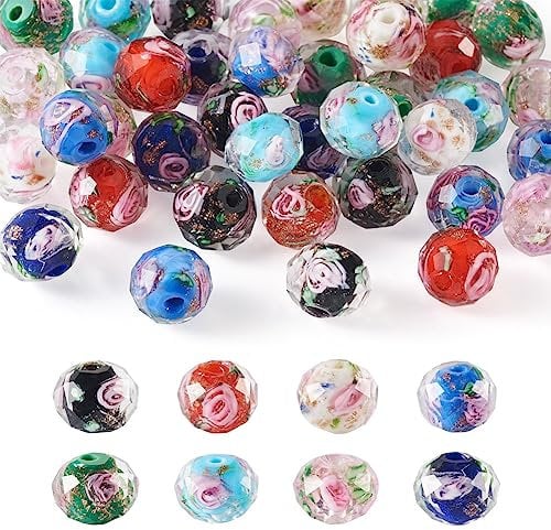 Boutigem 40Pcs Lampwork Rose Flower Glass Beads Round Inner Flower Gold Sand Lampwork Beads for Jewelry Making DIY Bracelet Necklace Earring