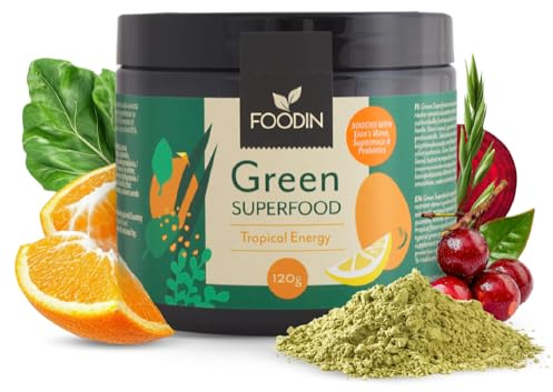 FOODIN Grünes Superfood Pulver 120g – Greens Mischung mit Löwenmähne, Yerba Mate, Acerola & Probiotika BC30 – Gefriergetrocknete Pflanzenpulver – Vegan – (Tropische Energie)