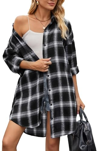 Jhsnjnr Damen Plaid Langarm Bluse Tops Button Down Oversized Lange Karierte Flanellhemden, Schwarz , XL