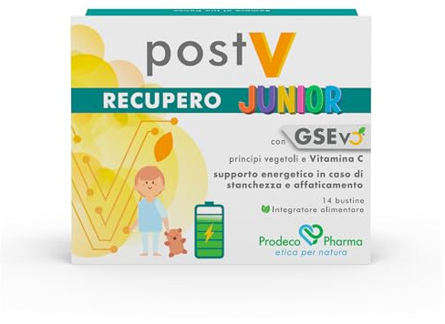 Prodeco Pharma PostV RECUPERO JUNIOR Integratore Alimentare con GSEvo, Principi Vegetali e Vitamina C - 14 Bustine - Supporto Energetico in Caso di Stanchezza e Affaticamento
