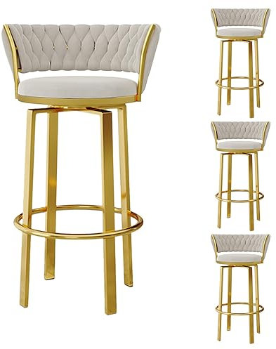 Drehbare Barhocker mit Rückenlehne, 4er-Set, Barhocker in Thekenhöhe mit gewebter Rückenlehne, runde drehbare Thekenhocker, Barstuhl, Samthocker mit goldenen Metallbeinen für die Küchentheke (weiße