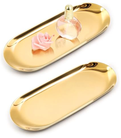 Yvttve Small Gold Ornaments Plate, Stainless Steel Vanity Candle Tray, Bathroom Towel Storage Dish Plate, Oval Trinket Serving Trays for Cosmetics Jewelry Perfume Key Desserts Snack Tea (Gold, M)