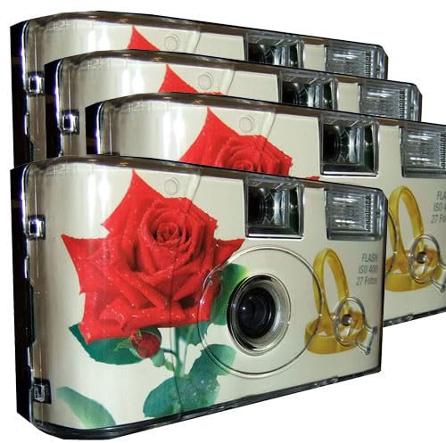 Lot de 4 appareils photo jetables 1A PORST Edition Rose & anneaux, avec flash, piles et film (lot de 4, 27 prises chacune)