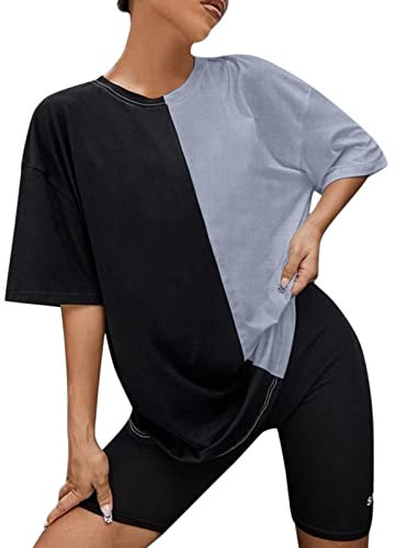 Solid Top Lässig Kurzarm Rundhals Shirt Lose Mode Top T Shirts Patchwork Shirt Karo Kauer Damen Kurzarm T-Shirt Frauen Patchwork Tops Bluse Frauen Lässiges Short Sleeve Tops Oberteile (Grey, XXXL)