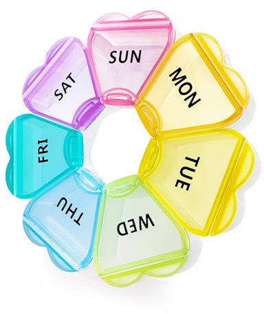 FHORAIN Runde herzförmige Pillenbox mit 7 großen Fächern für die Woche, reisefreundlich, Vitamin-Organizer (Regenbogen)