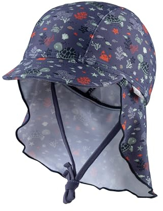 Sterntaler Schirmmütze Unterwasser – Unisex Baby Sommermütze, Nackenschutz und Bindeband – UV-Schutz 50+ aus elastischem Bademodenstoff – Kinder Kopfbedeckung - Bademode - Farbe blau, Größe 43