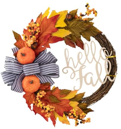 perfk Fuori Porta Autunnale, Ghirlanda di Zucca Artificiale Porta D'ingresso Ghirlanda Autunnale Raccolta Fuori Halloween Finestra 40cmx40cm Ghirlanda Autunnale Realistica