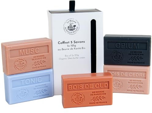 La Maison du Savon de Marseille Französische Seifen – 5 x 125 g Riegel – Bio-Sheabutter feuchtigkeitsspendende Hautpflege Herren Geschenkset – männliche Düfte – Moschus – Zedernholz – Oud Wood – Tonic
