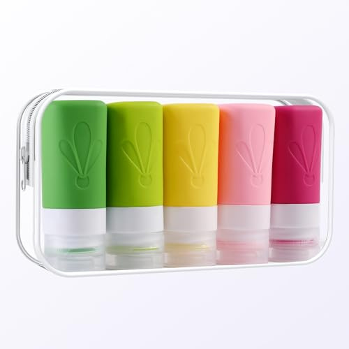 INSFIT Pack of 5 Silicone Travel Bottles Set, FDA Approved 60 ml Travel Size Containers, BPA-Free, Leak-Proof, Squeezable Silicone Tubes for Shampoo, Conditioner, Lotion, Soap with Labels