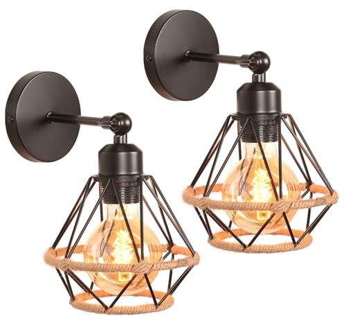 TOKIUS 2 Piezas Lámparas de Pared Interior 16cm Industrial Lámpara de Metal Diseño Jaula con Cuerda de Cáñamo Vintage Aplique Pared Regulable Luz de Techo para Salón Pasillo Dormitorio Café (Negro)