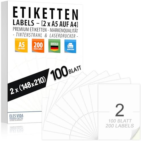 Selbstklebende DIN A5 Etiketten 210 x 148 mm auf DIN A4-100 Blatt (200 Labels) - (2 pro A4 Bogen) matte Oberfläche, bedruckbar mit Tinte- und Laserdruckern, Aufkleber für viele Bereiche - GERMANY