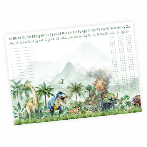 A3 Schreibtischunterlage Dinosaurier mit Vulkan T-Rex Triceratops mit kleinem 1x1 und Alphabet Notizblock 50 Blatt Malunterlage Papier 50 Blatt Kinder Junge Schreibtisch Auflage