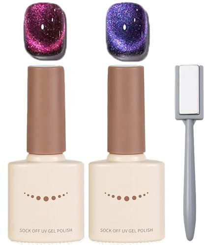 2PCS Glitter Cat Eye Gel Polish Set - Purple & Pink Sparkle UV/LED Soak-Off Varnish with Magnetic 9D Effect for Shimmering Galaxy Nail Art