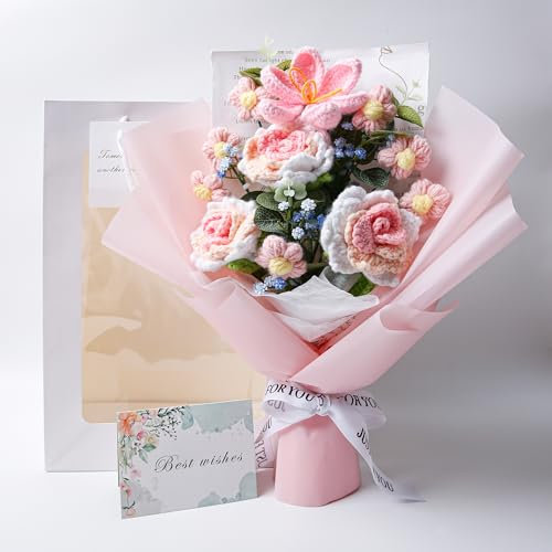 EZsenses Bouquet di fiori all'uncinetto, realizzato a mano, con rose all'uncinetto, decorazione per la casa, matrimoni, compleanni, festa della mamma, include sacchetto regalo e biglietto di auguri