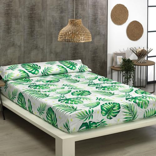 Sábanas 150x190 150x200 - Juego de Sábanas 3 Piezas Estampadas - Microfibra Suave y Transpirable - Sábana Bajera Ajustable, Encimera y Funda Almohada - Ropa de Cama Estampada Moderna (Palmeras)