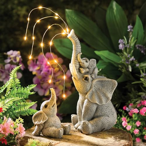 Coopers of Stortford - Solar Elephants with Trickling 'Water' LEDs - Playful Elephant Family Garden Ornament - Weatherproof Polyresin with Sparkling Night Light Effect