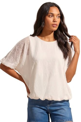 Roman Originals Mesh Bubble Hem Stretch Top for Women UK - Ladies Everyday Holiday Spring Summer Round Neckline Comfy Soft Evening Vacation Work Party - Ivory - Size 14