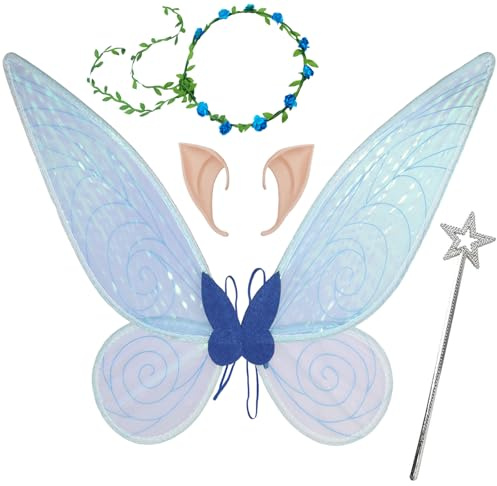 Feenflügel Kostüm für Erwachsene - Damen Mädchen Schmetterlingsflügel mit Sterne Feenstäbe Elfenohren Blumenkranz Prinzessinnenflügel Kostüm Wings für Kinder Karneval Weihnachten Geburtstag Cosplay