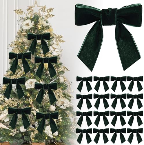 16P Christmas Dark Green Velvet Ribbon Gift Bows,4.3 Green Velvet Bows with Twist Ties,Christmas Tree Bow,Vintage Wedding Velvets BowXmas Wreaths Garland Velvets Ribbon for Pretied Gift Wrapping Bows
