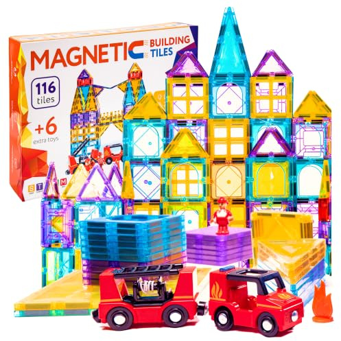 LEVOLTO Magnetic Tiles 116 PCS + 6 Figures & Fire Truck - Magnet Building Blocks STEM Montessori Toys for 3 4 5 6 7 8 Year Old Boys Girls, Educational Christmas Birthday Gift