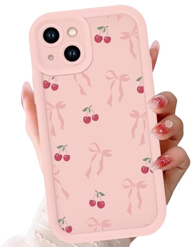 Phoona Case for iPhone 14 Plus 6.7, Cute Aesthetic Design Bow Cherry Preppy Pattern, Silicone Soft TPU Shockproof Protective Camera Cover Phone Case for Girls Women, Pink Bow