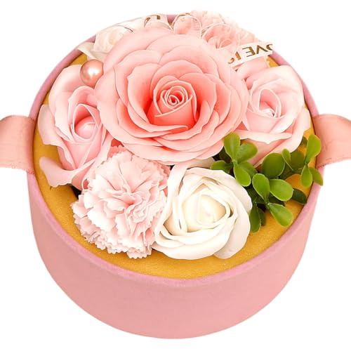 XJJAUGKLY Bouquet di sapone con scatola rotonda, rose fatte a mano in sapone, fiori di compleanno, Natale, San Valentino, festa degli insegnanti, compleanno, anniversario, regalo per lei (rosa)
