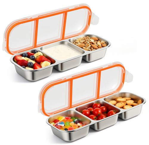 Worephu 2Pcs Airtight Stainless Steel Lunch Box, 3-Section Lock-Fresh Container for No Mixing Flavours, Dishwasher Safe Meal Prep Box, Leakproof for Office, School, Travel & Picnics