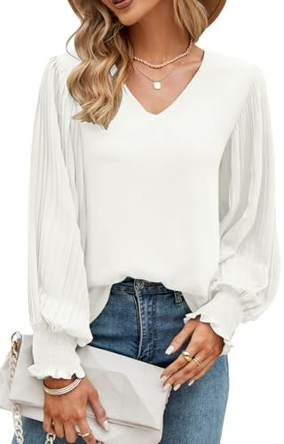 Odosalii Womens Tops Ladies V-Neck Blouse Pleated Long Sleeve White Shirt