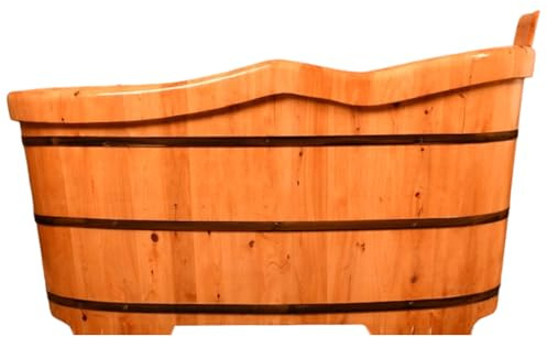 PP-Vic Bañera De Madera Independiente Hecha A Mano De 51 Pulgadas, Bañera Profunda De Madera Maciza, 5 Accesorios con Almohadas Y Taburete Interior Y Exterior, Marco De Metal Reforzado