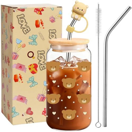 Bär Trinkglas mit Strohhalm und Deckel, 16 Oz Bär Trinkbecher mit Strohhalm Abdeckung, Lustiges Bärchen-Design Matcha Glas für Bubble Tea, Iced Coffee, Bärchen Geschenke für Tochter Enkelin Schwester