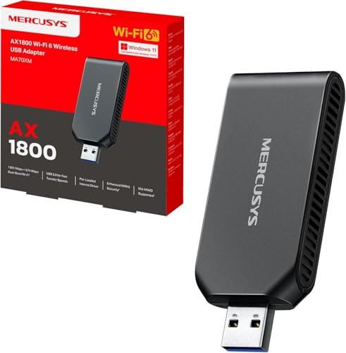 Mercusys MA70XM AX1800 Adattatore USB WiFi 6 per PC, Dual Band 1201Mbps 5GHz + 574Mbps 2.4GHz, USB 3.0, MU-MIMO, WPA3, Retrocompatibile 802.11ax/ac/a/b/g/n, Supporta Windows 11/10