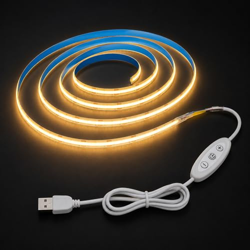 1M LED Streifen Warmweiß 2700K, USB 5V Dimmbar COB LED Strip Lights CRI90+ LED TV Hintergrundbeleuchtung, 320 LEDs/M, 8mm Width, Flexibel Unterbodenleuchte für Drinnen Küche,Schlafzimmer,Zuhause DIY
