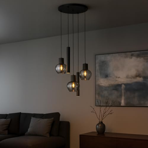 Lightbox Pendelleuchte, 5-flammig, 3 x E27 und 2 x GU10 Fassung, Ø 68 cm x | Pendelleuchte, 5-flammig, 3 x E27 und 2 x GU10 Fassung, Ø 68 cm x 150 cm, dimmbar, Kabel kürzbar, Aluminium und Rauchglas,