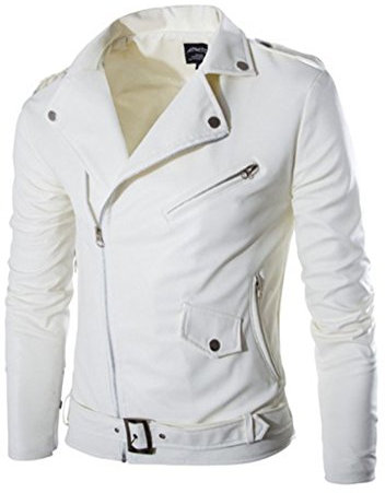 LaoZan Uomo Giacca di Cuoio del Faux Biker Moto Blazer Cappotto Bomber in Ecopelle con Cerniera M Bianca