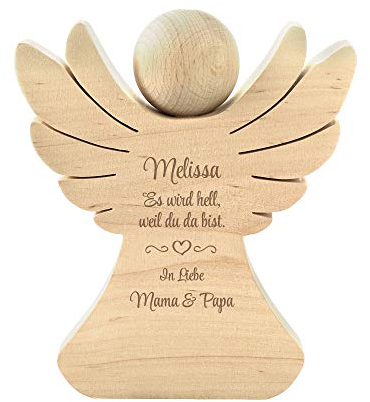 Casa Vivente Holzengel mit Gravur zur Geburt, Personalisiert mit Namen, Engel aus Buchenholz, Verpackung für Geldgeschenke, Geschenkideen für Babys
