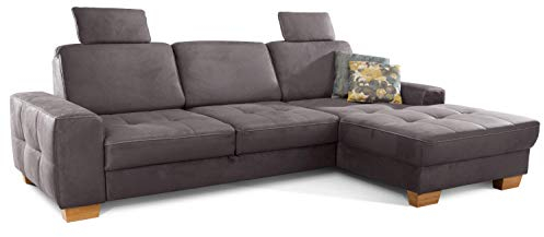 Cavadore Ecksofa Puccino mit Federkern, Bettfunktion, verstellbarer Rückenlehne und 2 Kopfstützen / Couch in L-Form im Landhausstil / 281 x 86 x 178 cm / Mikrofaser grau