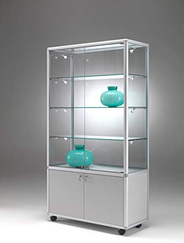 MHN Glasvitrine mit Rollen T 42,5 x B 79 x H 184,5 cm - breite Ausstellungs-Vitrine mit Unterschrank abschließbar - Glas Vitrinenschrank - LED-Beleuchtung