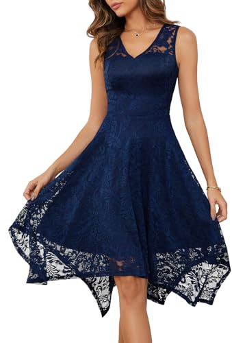 Meetjen Robe de Soirée Cocktail Asymétrique À Col en V Robes de Mariée en Dentelle Formelle Mariée Ligne A Marine S