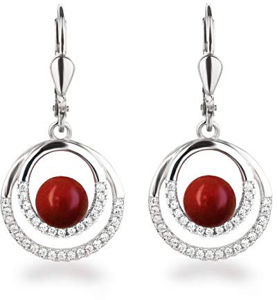Schöner-SD Perlen-Ohrringe hängend Zirkonia Ohrhänger 925 Silber in koralle-rot
