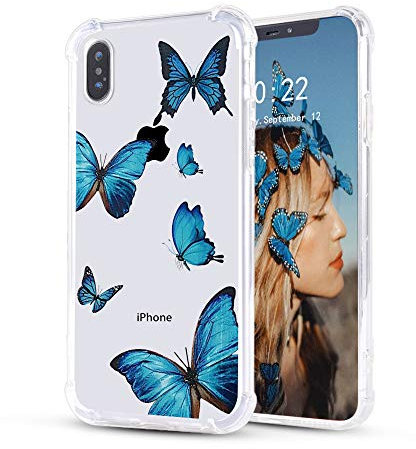 LuGeKe Blue Butterfly Clear Case for iPhone X, 5.8'' Cute Butterfly Case Shockproof Bumper Cover for Apple iPhone X/XS with Design, Personalized Phone Cases