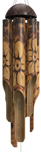 Nalulu Carillon à vent rustique en bambou – Carillon à vent d'extérieur en bois, grand motif floral brûlé avec couronne de noix de coco, fabriqué à la main avec des tons profonds apaisants, idéal pour