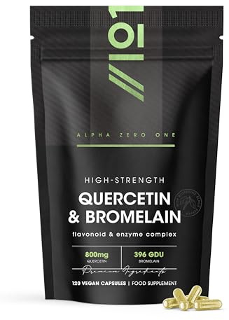 Plant-Based Quercetin 800mg & Bromelain 396 GDU with BioPerine® - 120 Vegan Capsules – Made from Sophora Japonica Extract & Pineapple – by Alpha01