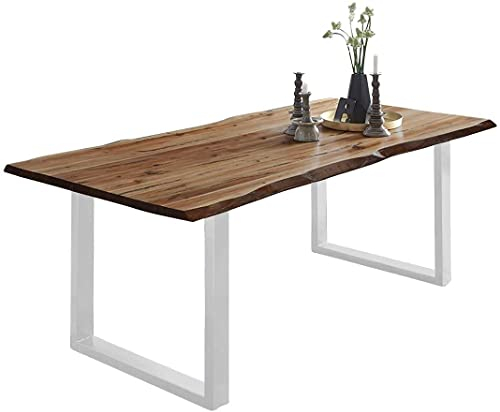 SAM Baumkantentisch 240x100 cm Mephisto, Akazienholz massiv + naturfarben lackiert, Esstisch mit weiß lackiertem U-Gestell, Esszimmertisch/Holztisch, Tischplatte 26 mm